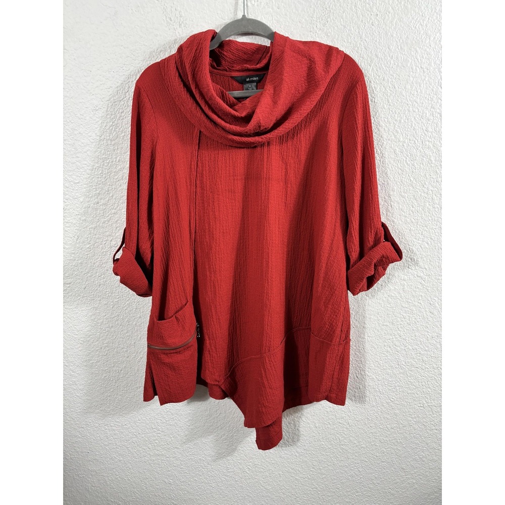 Ali Miles Tunic Top‎ Womens Medium Red Cowl Neck Lagenlook Oversized Pocket